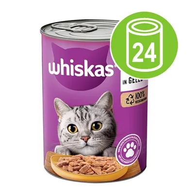Whiskas tinned cat food, purple tin with grey tabby cat image, 100% recycling symbol, green icon showing 24 tins. Visible text: whiskas, 100% recycling, 24.