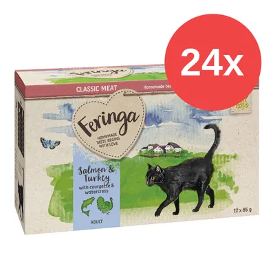 Feringa Classic Meat, Lachs & Truthahn mit Zucchini und Brunnenkresse, Adult, 12x85g. Verpackung zeigt schwarze Katze und ländliche Szene. Hinweis: 24x in rotem Kreis. Feringa Classic Meat, Lachs & Truthahn mit Zucchini und Brunnenkresse, Adult, 12x85g. Verpackung zeigt schwarze Katze und ländliche Szene. Hinweis: 24x in rotem Kreis.