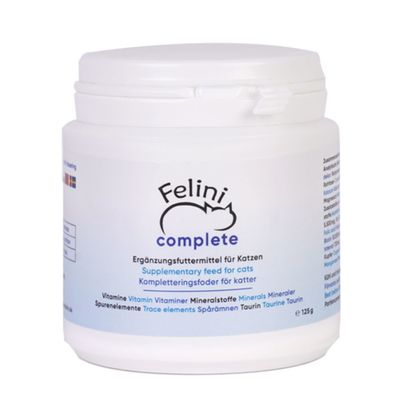 Felini Complete Ergänzungsfuttermittel mit Vitaminen, Mineralstoffen, Spurenelementen und Taurin. Zum Supplementieren von rohem und gekochtem Fleisch.