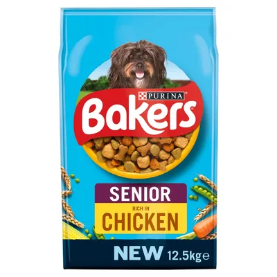 Bakers Senior rich in chicken, new 12.5kg pack. Image shows kibble and product highlights for senior pets. Bakers Senior rich in chicken, new 12.5kg pack. Image shows kibble and product highlights for senior pets.
