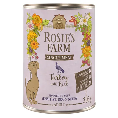 Rosie's Farm Single Meat Turkey with Rice, angepasst an die Bedürfnisse empfindlicher Hunde, Adult, 395g. Mit Präbiotika zur Reduzierung von Intoleranzrisiken.