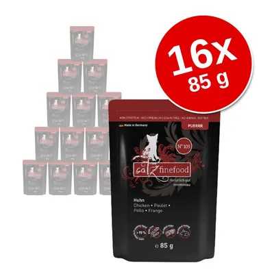 Zestaw 16 saszetek catz finefood N°103 Huhn, każda po 85 g. Widoczne napisy: Made in Germany, monoprotein, high premium, grain free, no animal testing, PURRR. Zestaw 16 saszetek catz finefood N°103 Huhn, każda po 85 g. Widoczne napisy: Made in Germany, monoprotein, high premium, grain free, no animal testing, PURRR.