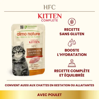 almo nature HFC Kitten Complete avec poulet, recette sans gluten, booste l’hydratation, recette complète et équilibrée, convient aussi aux chattes en gestation ou allaitantes