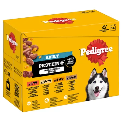 Pedigree Adult Protein+ в желе, 12×100 г. Включва: 3×пиле и говеждо, 3×пуешко и пиле, 3×патица и пиле, 3×пиле. +25% повече протеин. Кутия за рециклиране. Pedigree Adult Protein+ в желе, 12×100 г. Включва: 3×пиле и говеждо, 3×пуешко и пиле, 3×патица и пиле, 3×пиле. +25% повече протеин. Кутия за рециклиране.