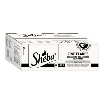 Sheba Fine Flakes Delikatessen, fjerkrævariation, 72 x 85g. Ingredienser af høj kvalitet.
