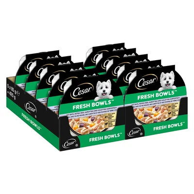 Cesar Fresh Bowls s kachnou, červenou rýží, mrkví a fialovými bramborami. Balení 5 x 85 g, celková hmotnost 425 g.