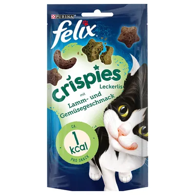 Purina Felix Crispies Leckerlis mit Lamm- und Gemüsegeschmack, ca. 1 kcal pro Snack. Verpackung zeigt eine schwarz-weisse Katze.