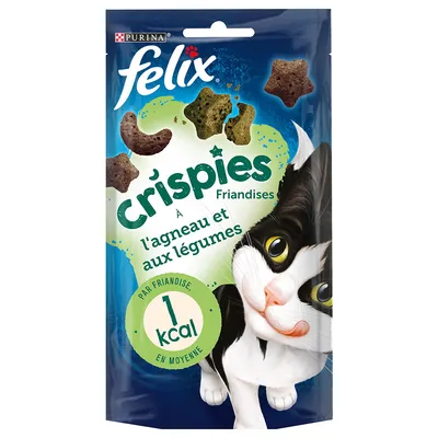 Purina Felix Crispies Friandises à l’agneau et aux légumes, 1 kcal par friandise en moyenne, sachet avec illustration de chat et croquettes visibles sur l’emballage.