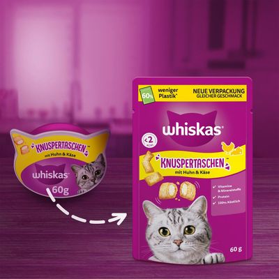 Whiskas Knuspertaschen mit Huhn & Käse, neue Verpackung mit 60% weniger Plastik, Vitamine & Mineralstoffe, Protein, 100% köstlich, unter 2 kcal pro Stück, Packungsgrösse 60g.