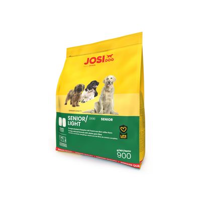 Sac de croquettes JosiDog Senior/Light, images de trois chiens, mention SENIOR/LIGHT, 900 g, texte en anglais et allemand sur la formule, logo Life Protect visible.