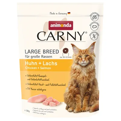 Animonda Carny Large Breed nagytestű fajtáknak, csirke + lazac, támogatja a porc- és ízületanyagcserét, bőr- és szőranyagcserét, Yucca schidigerával, Németországban készült.