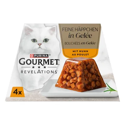 Purina Gourmet Revelations, fine bidder i gelé med kylling. Emballagen viser 4 portioner og et billede af en hvid kat.