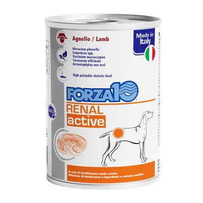 Boîte Forza10 Renal Active Agnello/Lamb, aliments diététiques pour chien. Ingrédients visibles : Hieracium pilosella, Lespedeza spp., Vaccinium macrocarpon, Made in Italy.