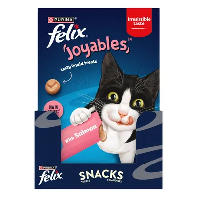 Felix Joyables tasty liquid treats with salmon, low in calories, irresistible taste, shown as snacks product packaging.