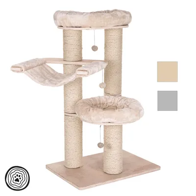 Kratzbaum mit drei Ebenen, zwei gepolsterten Liegeflächen, einer Hängematte und Spielbällen. Farben: Beige und Grau.