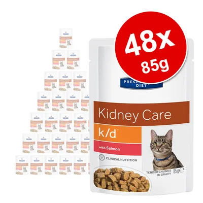 Hill's Prescription Diet Kidney Care k/d med laks, 48x85g poser. Klinisk ernæring til katte. Møre stykker i sauce.
