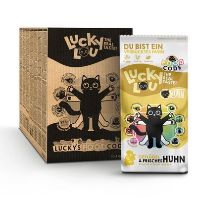Lucky Lou The Real Taste! Adult kattenvoer, verpakking met tekst: Du bist ein verrücktes Huhn, Geflügel & frisches Huhn, 97% dierlijk eiwit. Zichtbare illustratie van kat.