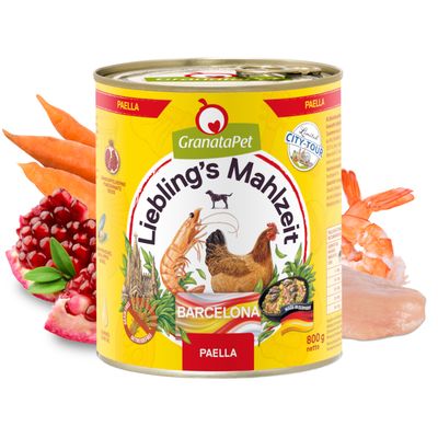 GranataPet Liebling's Mahlzeit Barcelona Paella, 800g Dose. Zutaten: Huhn, Garnelen, Granatapfel, Süsskartoffel. Getreidefrei, Made in Germany.