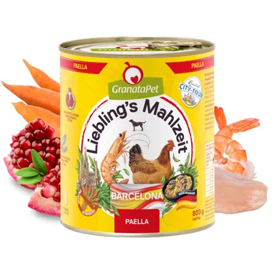 GranataPet Liebling's Mahlzeit Barcelona Paella, 800g can. Ingredients: chicken, shrimp, pomegranate, sweet potato. Grain-free, made in Germany.