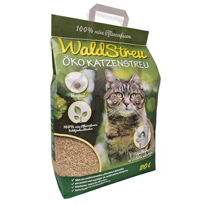 WaldStreu Öko żwirek dla kotów, 100% czystych włókien roślinnych, biodegradowalny, niskopylący, lekko zbrylający się, 20L. Bryłki można wyrzucać do toalety. Z surowców odnawialnych.