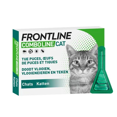 FRONTLINE COMBO LINE CAT pour chats, tue puces, œufs de puces et tiques. Texte en néerlandais : doodt vlooien, vlooieneieren en teken. Pipette verte visible sur l’emballage.