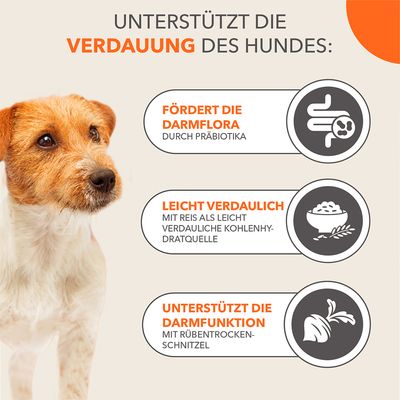 Unterstützt die Verdauung des Hundes: Fördert die Darmflora durch Präbiotika, leicht verdaulich mit Reis als Kohlenhydratquelle, unterstützt die Darmfunktion mit Rübentrockenschnitzel.