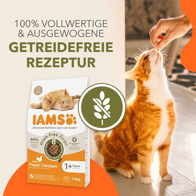 IAMS Katzenfutter mit getreidefreier Rezeptur, frischem Huhn, für Katzen ab 1 Jahr. 100% vollwertig und ausgewogen. Verpackung zeigt orangefarbene Katze und Getreidefrei-Symbol.