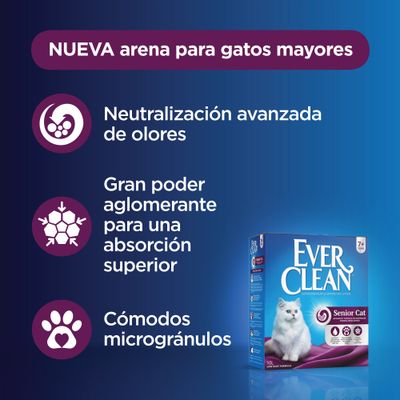 NUEVA arena para gatos mayores Ever Clean Senior Cat. Neutralización avanzada de olores, gran poder aglomerante para una absorción superior y cómodos microgránulos.
