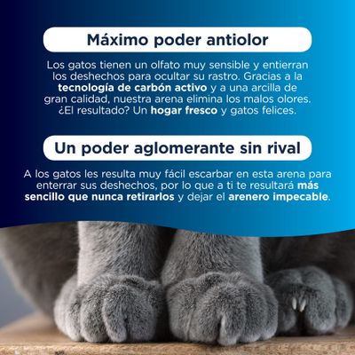 Máximo poder antiolor. Tecnología de carbón activo y arcilla de calidad eliminan olores. Un poder aglomerante sin rival, facilita retirar desechos y mantener el arenero impecable.