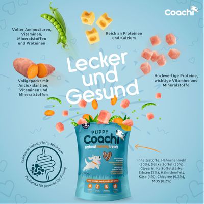Coachi Puppy natural training treats. Lecker und gesund mit Hähnchenmehl, Süsskartoffel, Erbsen, Käse. Essentielle Nährstoffe für Wachstum, Probiotika für gesunde Verdauung.