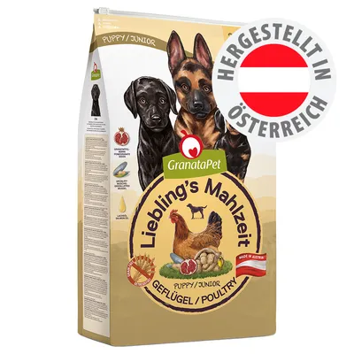 GranataPet Liebling's Mahlzeit Puppy/Junior Geflügel, getreidefrei, Hergestellt in Österreich, Made in Austria, mit Granatapfelkernen, Lachsöl und Geflügel.