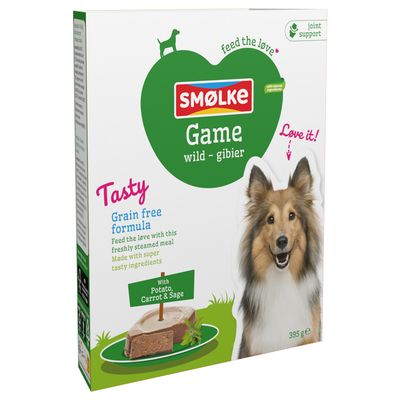 Smølke Game Wild-Gibier, getreidefreie Rezeptur mit Kartoffel, Karotte und Salbei. Frisch gedämpftes Futter für Hunde, 395g Packung. Unterstützt Gelenkgesundheit.