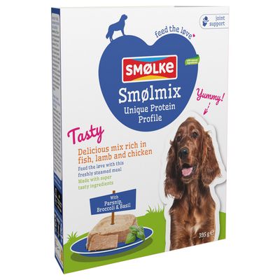 Smølke Smølmix Unique Protein Profile. Mischung aus Fisch, Lamm und Huhn mit Pastinake, Brokkoli und Basilikum. Frisch gedämpftes Futter, 395g, unterstützt Gelenke.