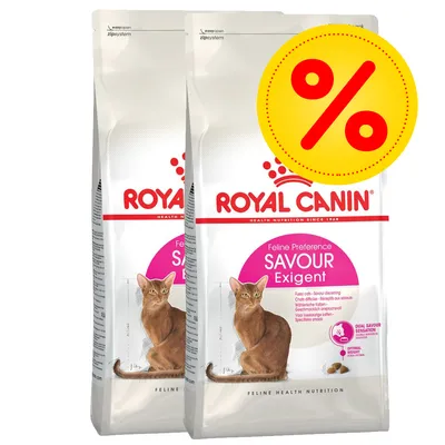 Royal Canin Feline Preference Savour Exigent Trockenfutter für Katzen, Doppelpack mit gelbem Prozent-Symbol für Rabatt.