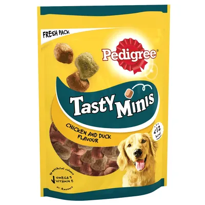 Pedigree Tasty Minis Chicken and Duck Flavour, Fresh Pack, no artificial colours, omega 3, vitamin E, ½ kcal per treat, visible dog image on yellow packaging Pedigree Tasty Minis Chicken and Duck Flavour, Fresh Pack, no artificial colours, omega 3, vitamin E, ½ kcal per treat, visible dog image on yellow packaging