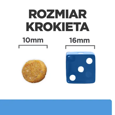 Rozmiar krokieta: średnica 10 mm pokazana obok niebieskiej kostki o boku 16 mm. Porównanie wielkości dla łatwiejszego wyboru produktu.