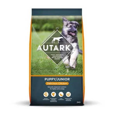 Autarky Puppy/Junior Delicious Chicken, 100% natural goodness with added herbs, naturally balanced nutrition, no artificial flavours or preservatives, hypoallergenic, wheat gluten free recipe.