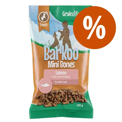Barkoo Mini Bones, Lachs mit Karotte und Thymian, ohne Zuckerzusatz, 200g. Grain-free Treats. Prozentzeichen für Rabattaktion sichtbar.