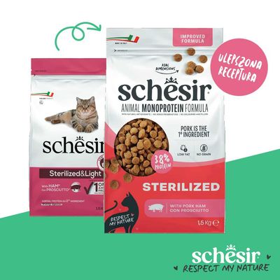 Schesir Animal Monoprotein Formula Sterilized z mięsem wieprzowym, 38% białka, niskotłuszczowa, bez zbóż. Opakowanie prezentuje ulepszoną recepturę oraz produkt przeznaczony dla zwierząt po sterylizacji.