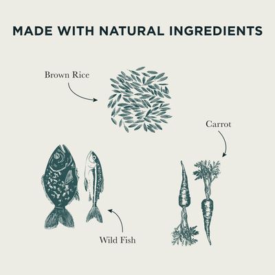 Made with natural ingredients: brown rice, wild fish and carrot are shown and labelled.