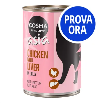 Cosma Pure Love Asia Chicken with Liver in Jelly, multi protein pure meat. Etichetta rosa con sagoma di gatto nera e simboli pollo e fegato. Bollino blu: PROVA ORA.