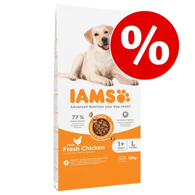 IAMS hrană pentru câini adulți, cu pui proaspăt, 12 kg, 77 % proteină animală, pentru câini peste 25 kg, promoție semnalată cu simbol procent roșu.