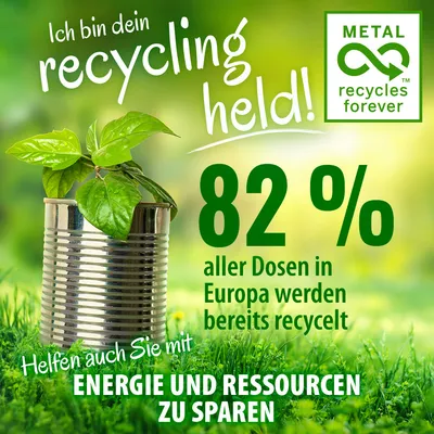 Ich bin dein recycling held! 82 % aller Dosen in Europa werden bereits recycelt. Helfen auch Sie mit, Energie und Ressourcen zu sparen. METAL recycles forever.