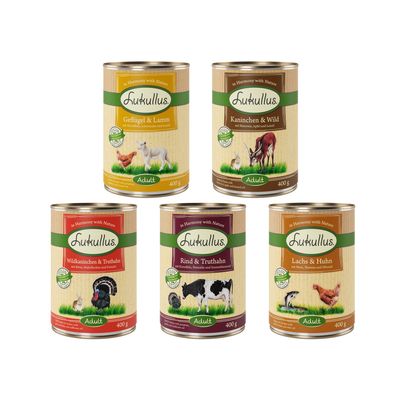 Lukullus Adult Nassfutter, Sorten: Geflügel & Lamm, Kaninchen & Wild, Wildkaninchen & Truthahn, Rind & Truthahn, Lachs & Huhn, jeweils 400g Dose.