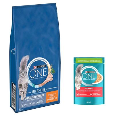 Purina ONE Bifensis Special pro sterilizované kočky, s hovězím jako hlavní složkou. Obal zobrazuje šedou kočku, maso a obiloviny. Obsah: 7,5 kg.