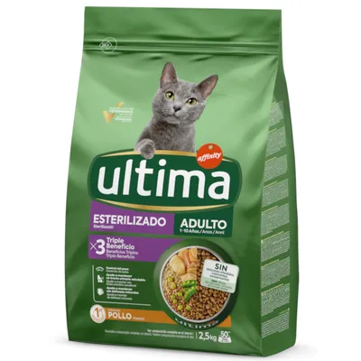 Ultima Sterilizado Adulto krmivo pro kočky, 1–10 let, s kuřecím, 2,5 kg. Triple Beneficio: kontrola hmotnosti, podpora trávení, zdraví močových cest. Bez barviv a konzervantů.