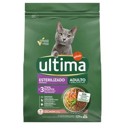 Ultima Sterilizado Adulto alimento para gatos con salmón, 2,5 kg. Desarrollado por veterinarios. Triple beneficio: control de peso, salud digestiva, cuidado urinario. Sin colorantes artificiales.