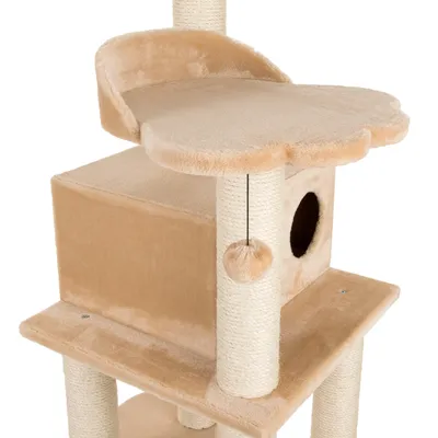 Cat tree with beige plush cover, cave, paw-shaped platform and play ball on string. Sisal-wrapped posts for claw care.
