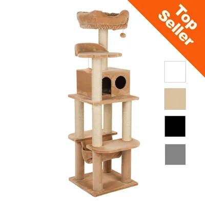 Arbre à chat beige avec plusieurs plateformes, niche, hamac et griffoirs en sisal. Inscription « Top Seller » en haut à droite. Quatre carrés de couleur : blanc, beige, noir, gris.