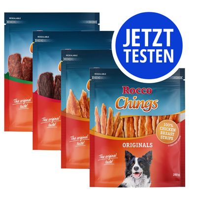 Gemischtes Probierpaket Rocco Chings Originals Hühnerbrust Streifen, Entenbrust Streifen, Kaninchen, Rind (850g)